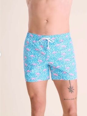 CHUBBIES Flamingo Print Swim Trunks Blue Pink Elastic Waist Sz S